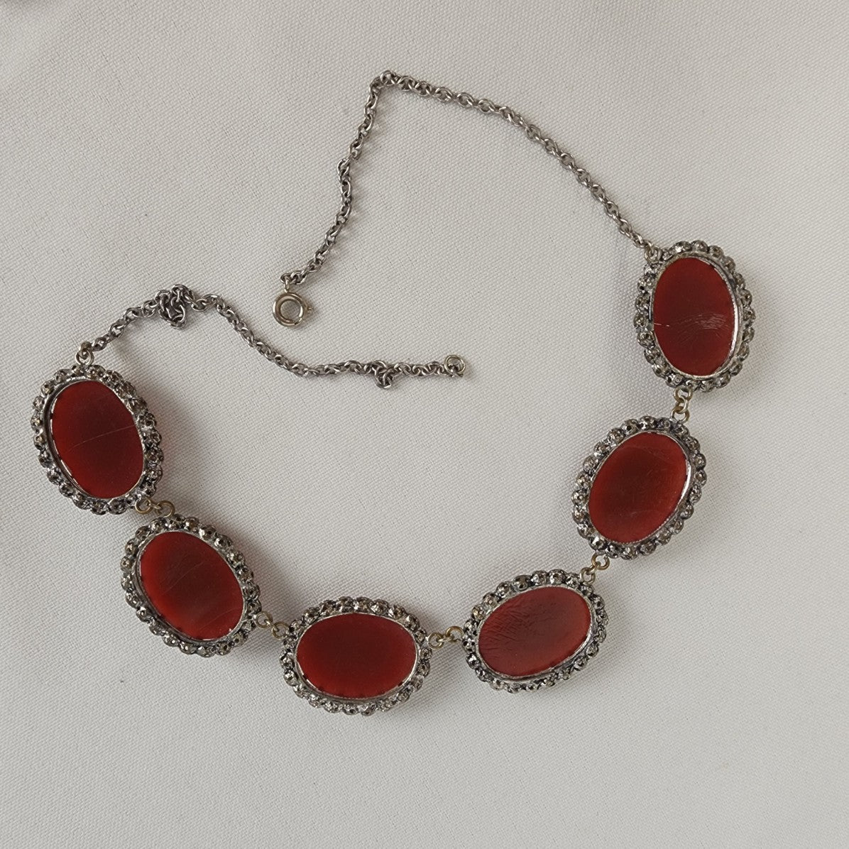 Vintage Red Glass Silver Chain Statement Necklace