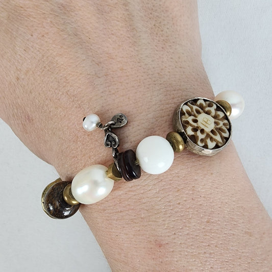 Silpada Pearl Bronzite Howlite Brass Sterling Silver Stretch Bracelet