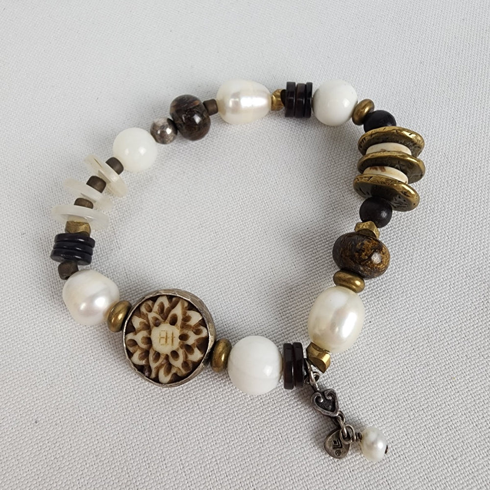 Silpada Pearl Bronzite Howlite Brass Sterling Silver Stretch Bracelet