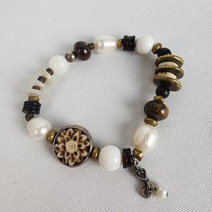 Silpada Pearl Bronzite Howlite Brass Sterling Silver Stretch Bracelet