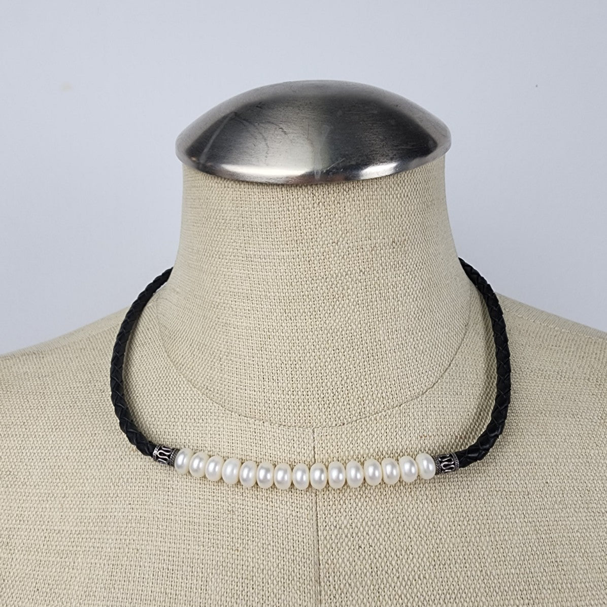 Sterling Silver Freshwater Pearls Braided Black Leather Necklace