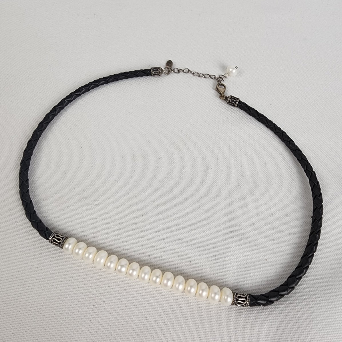 Sterling Silver Freshwater Pearls Braided Black Leather Necklace