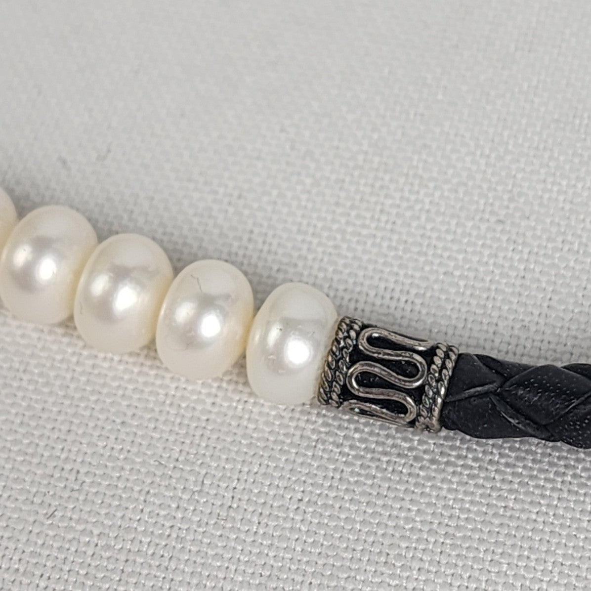 Sterling Silver Freshwater Pearls Braided Black Leather Necklace