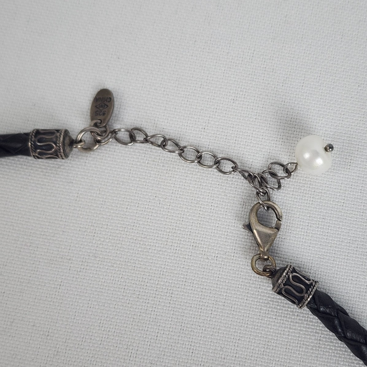 Sterling Silver Freshwater Pearls Braided Black Leather Necklace