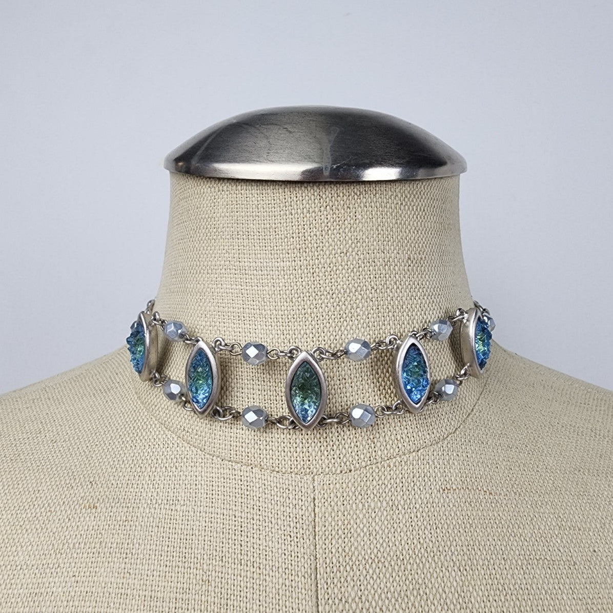 Silver & Blue Glass Beaded Choker Necklace