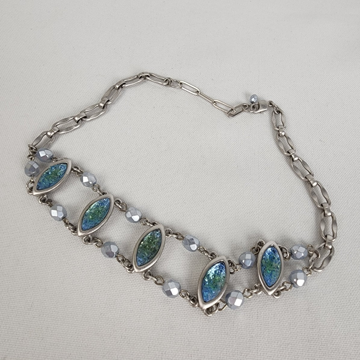 Silver & Blue Glass Beaded Choker Necklace