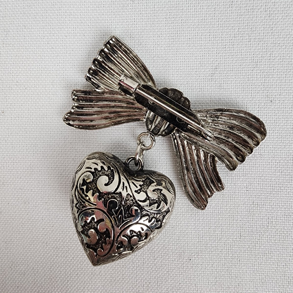 Vintage Silver Bow Heart Drop Brooch