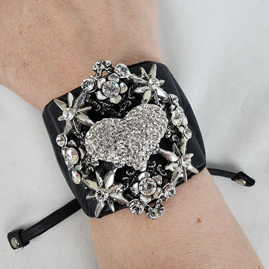 Rodrigo Otazu Leather Cuff Crystal Heart & Flower Bracelet