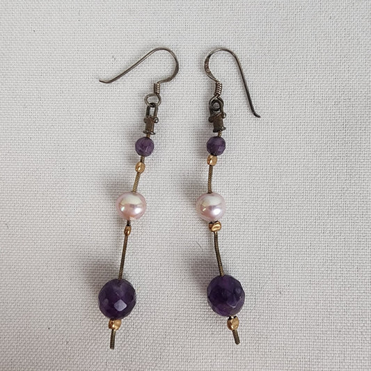 925 Sterling Purple Glass Bead Pearl Drop Earrings