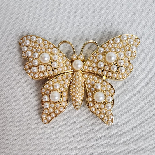 Gold Faux Pearl Butterfly Brooch