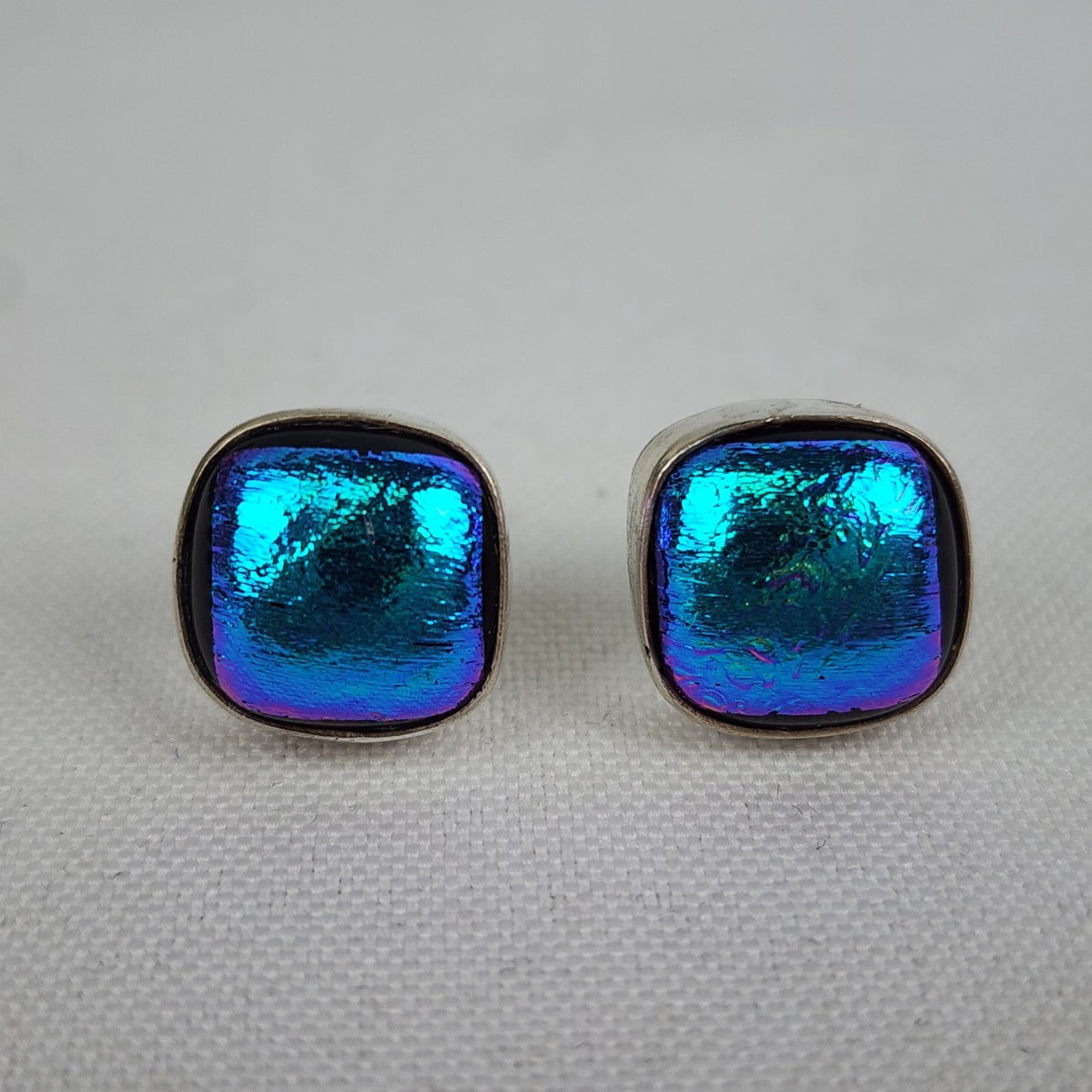 925 Sterling Blue Rainbow Dichroic Glass Post Earrings