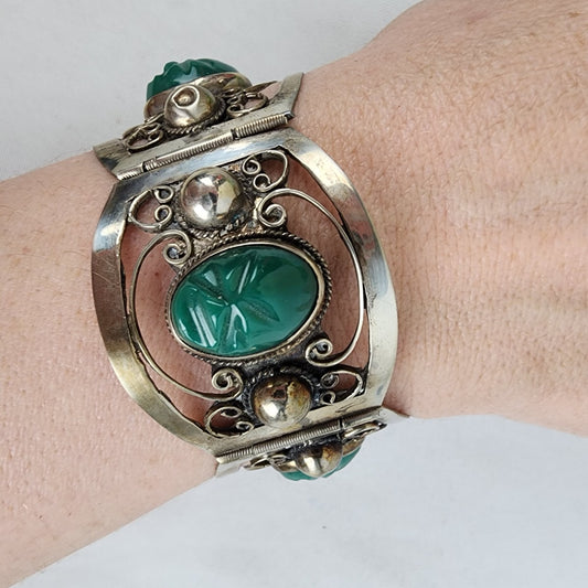 Vintage 925 Silver Green Stone Link Statement Bracelet