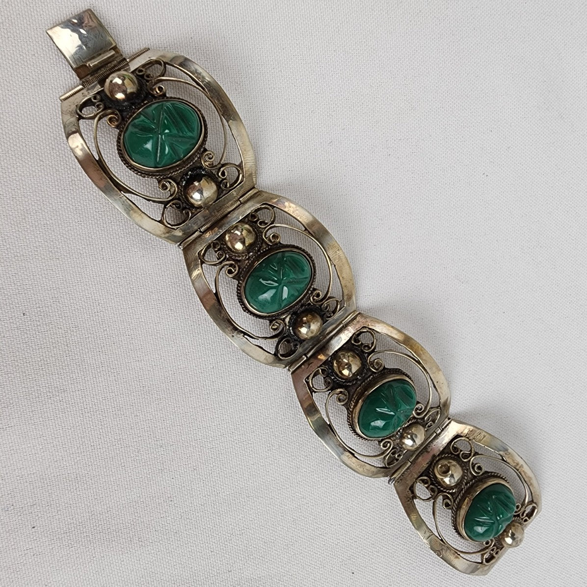 Vintage 925 Silver Green Stone Link Statement Bracelet