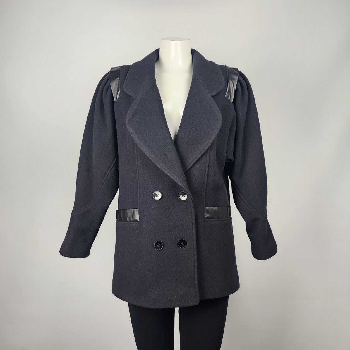 Vintage Ego Fashions Leather Trim Wool Blend Navy Jacket Size 9/10