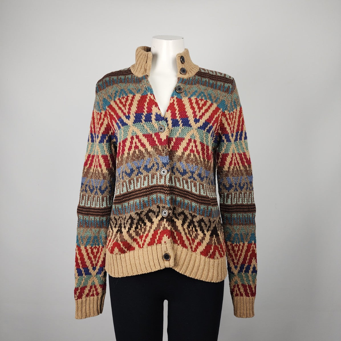 Vintage Ralph Lauren Chunky Knit Striped Geometric Cardigan Sweater Size L