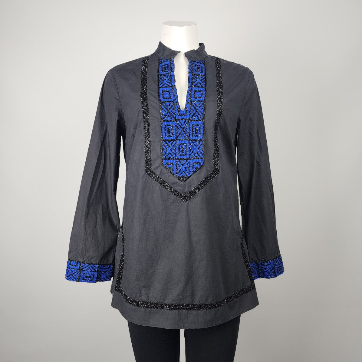 Tory Burch Black Cotton Blue Beaded Detail Tunic Top Size M