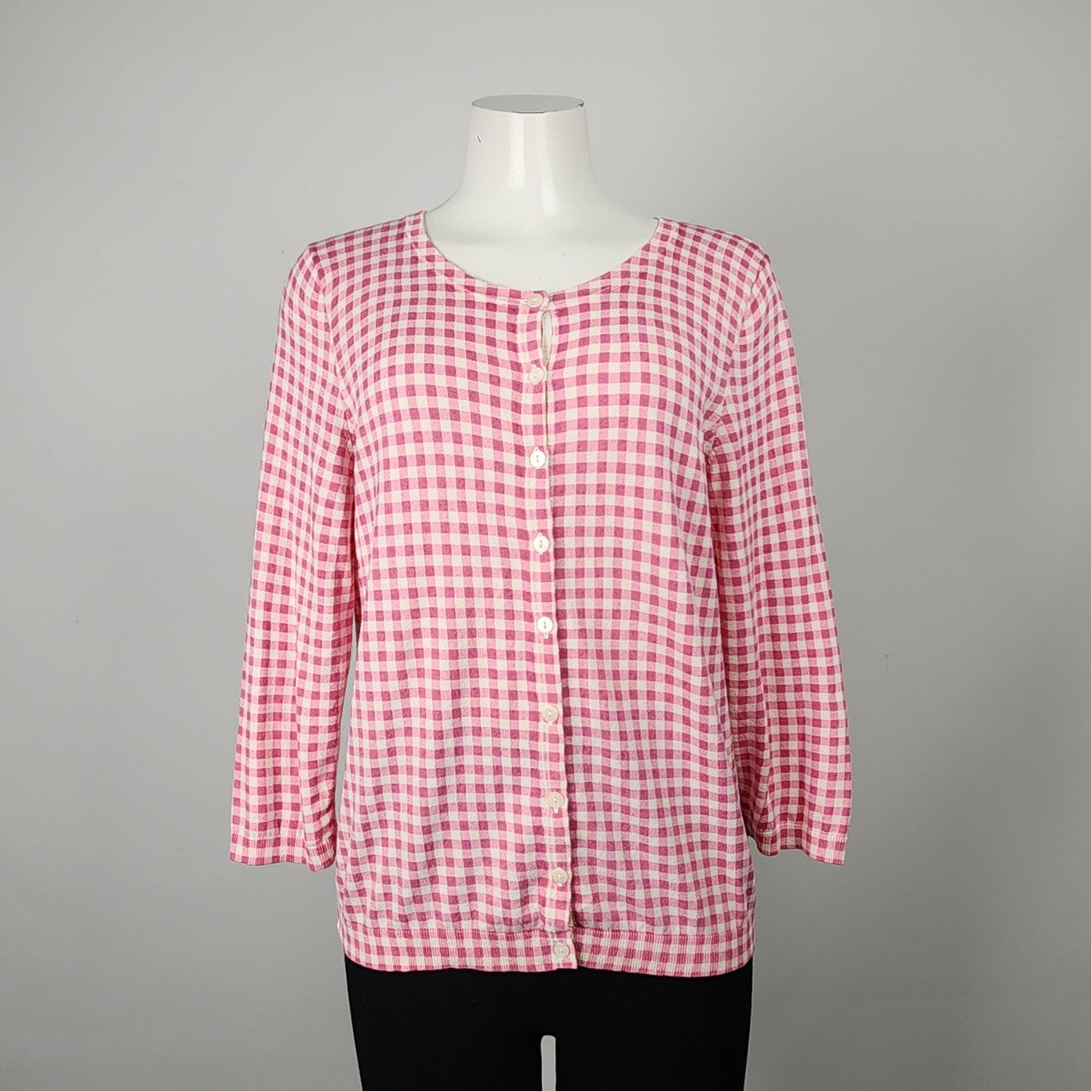 Talbots Pink Cotton Check Knit Button Up Cardigan Size L