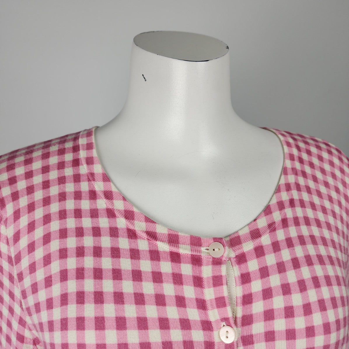 Talbots Pink Cotton Check Knit Button Up Cardigan Size L