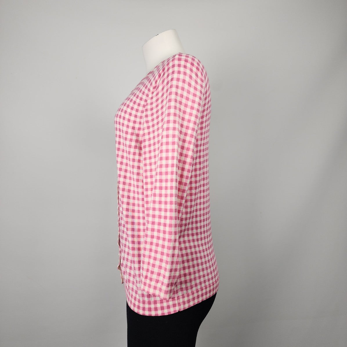 Talbots Pink Cotton Check Knit Button Up Cardigan Size L