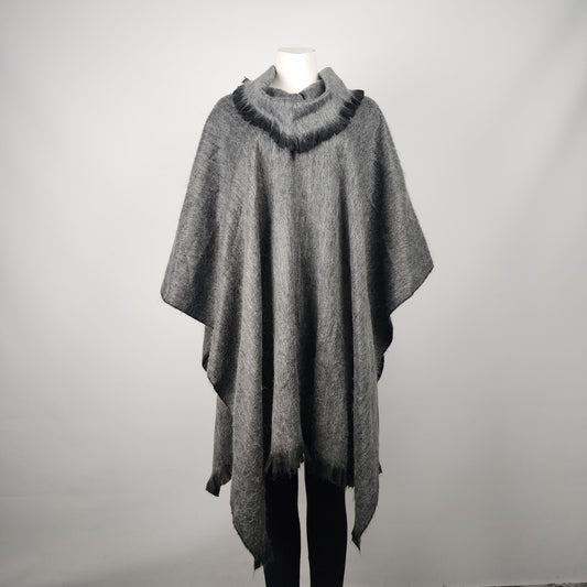 Grey Knit Fringe Poncho One Size