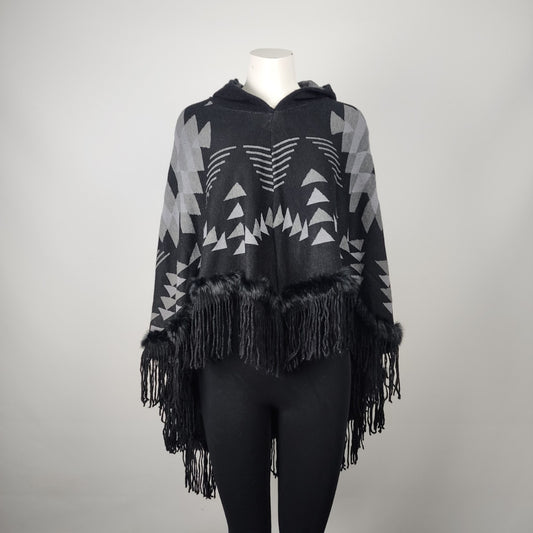 Black & Grey Aztec Fringe Fur Trimmed Poncho One Size