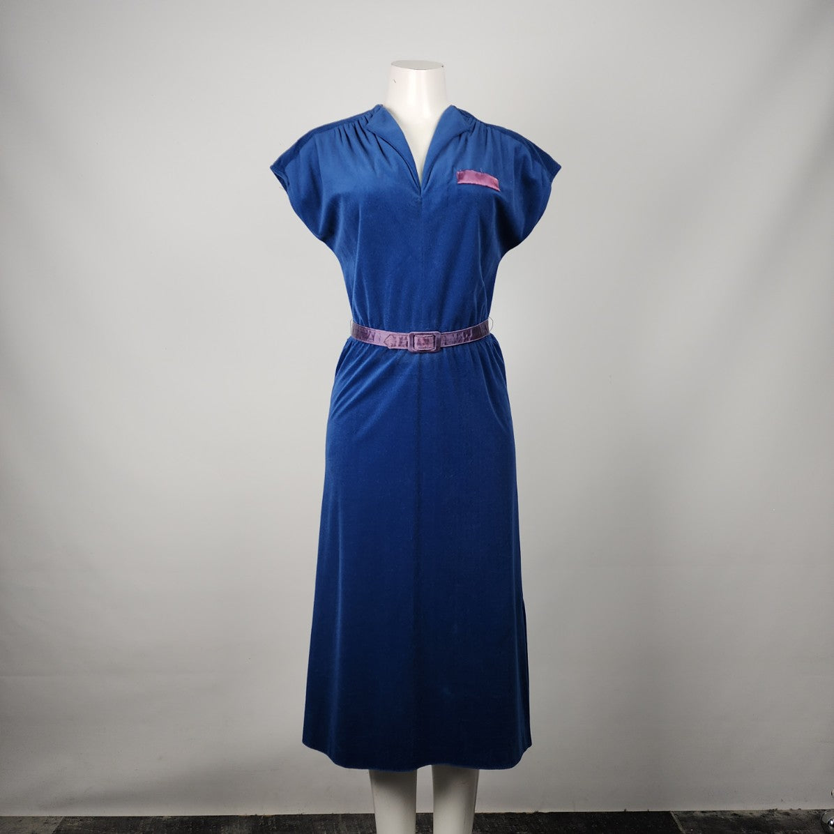 Vintage Algo Blue Velour Belted Midi Dress Size M