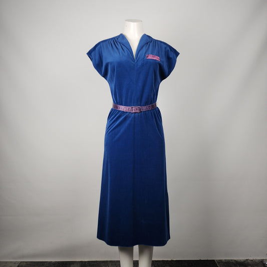 Vintage Algo Blue Velour Belted Midi Dress Size M