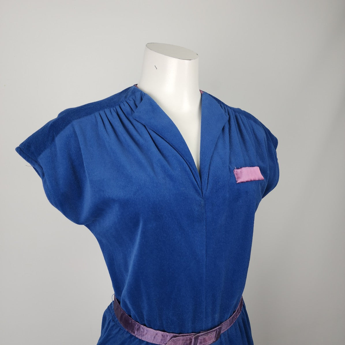 Vintage Algo Blue Velour Belted Midi Dress Size M