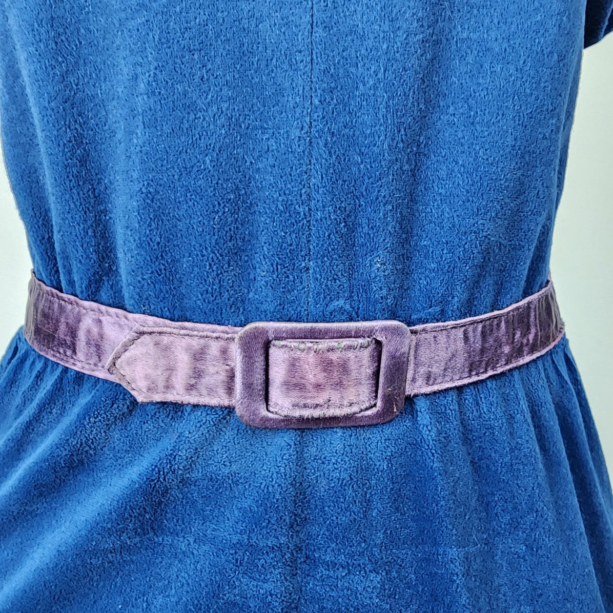 Vintage Algo Blue Velour Belted Midi Dress Size M