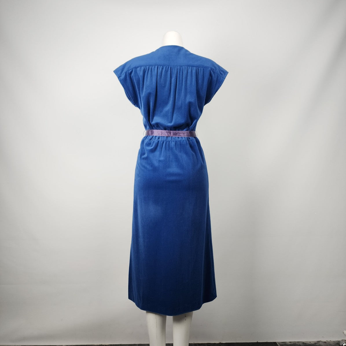 Vintage Algo Blue Velour Belted Midi Dress Size M