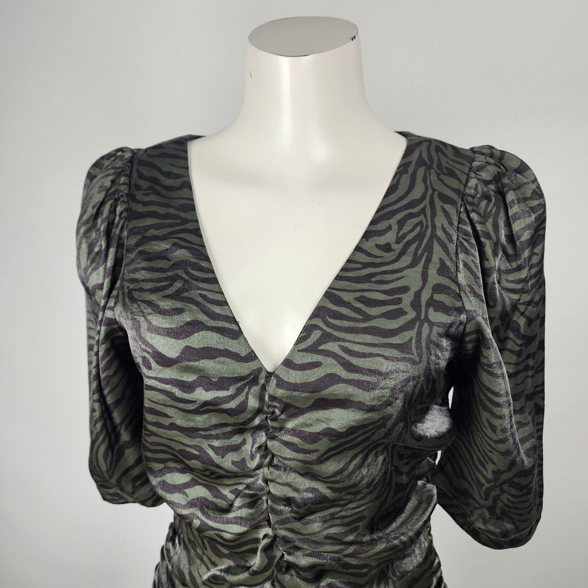 Soaked In Luxury Green Animal Print Ruched Mini Dress Size M