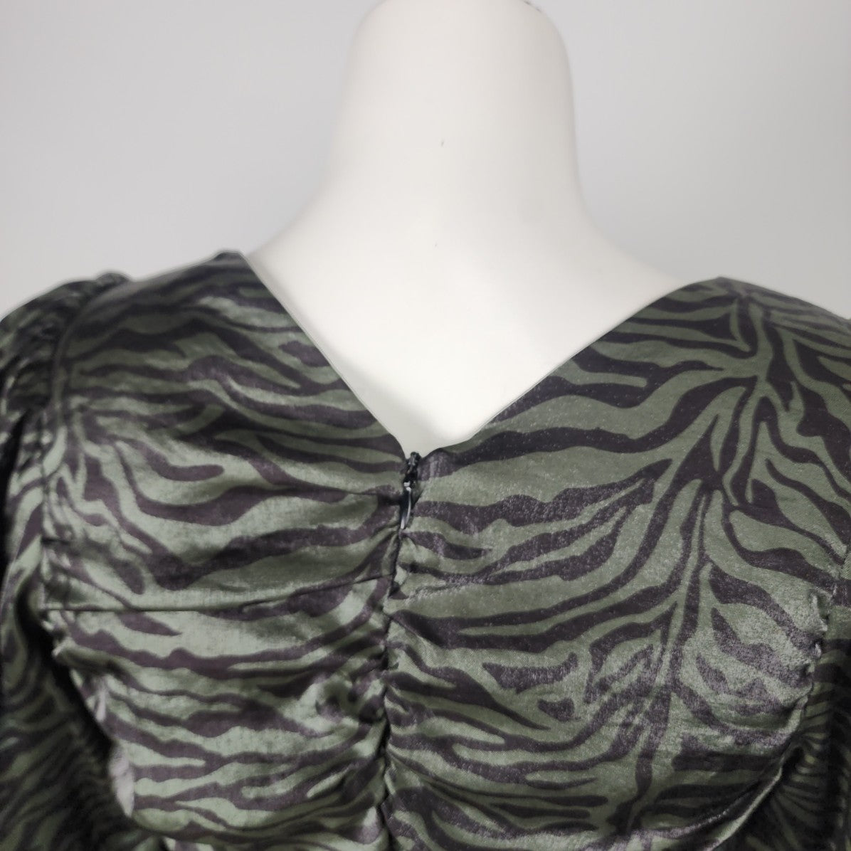 Soaked In Luxury Green Animal Print Ruched Mini Dress Size M