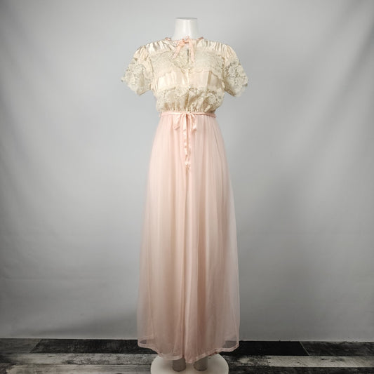 Vintage Undercover Wear Cream Lace Pink Tulle Nightgown & Jacket Size S