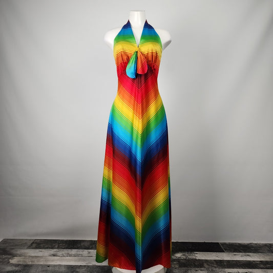 Vintage 70's Nu Mode Rainbow Chevron Maxi Sleeveless Dress Size S