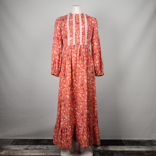 Vintage Red Floral Hand Made Maxi Dress Size S/M