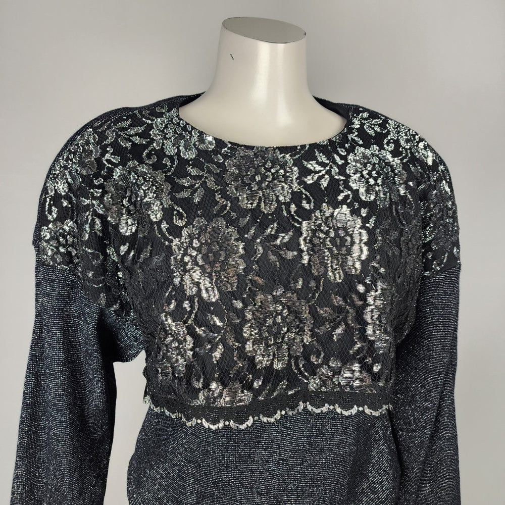 Vintage Benee By Lori Ann Black Lace Metallic Drop Waist Midi Dress Size 11/12