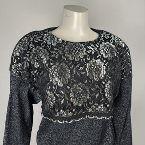 Vintage Benee By Lori Ann Black Lace Metallic Drop Waist Midi Dress Size 11/12