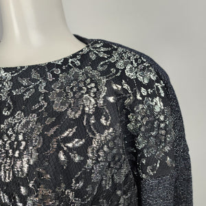 Vintage Benee By Lori Ann Black Lace Metallic Drop Waist Midi Dress Size 11/12