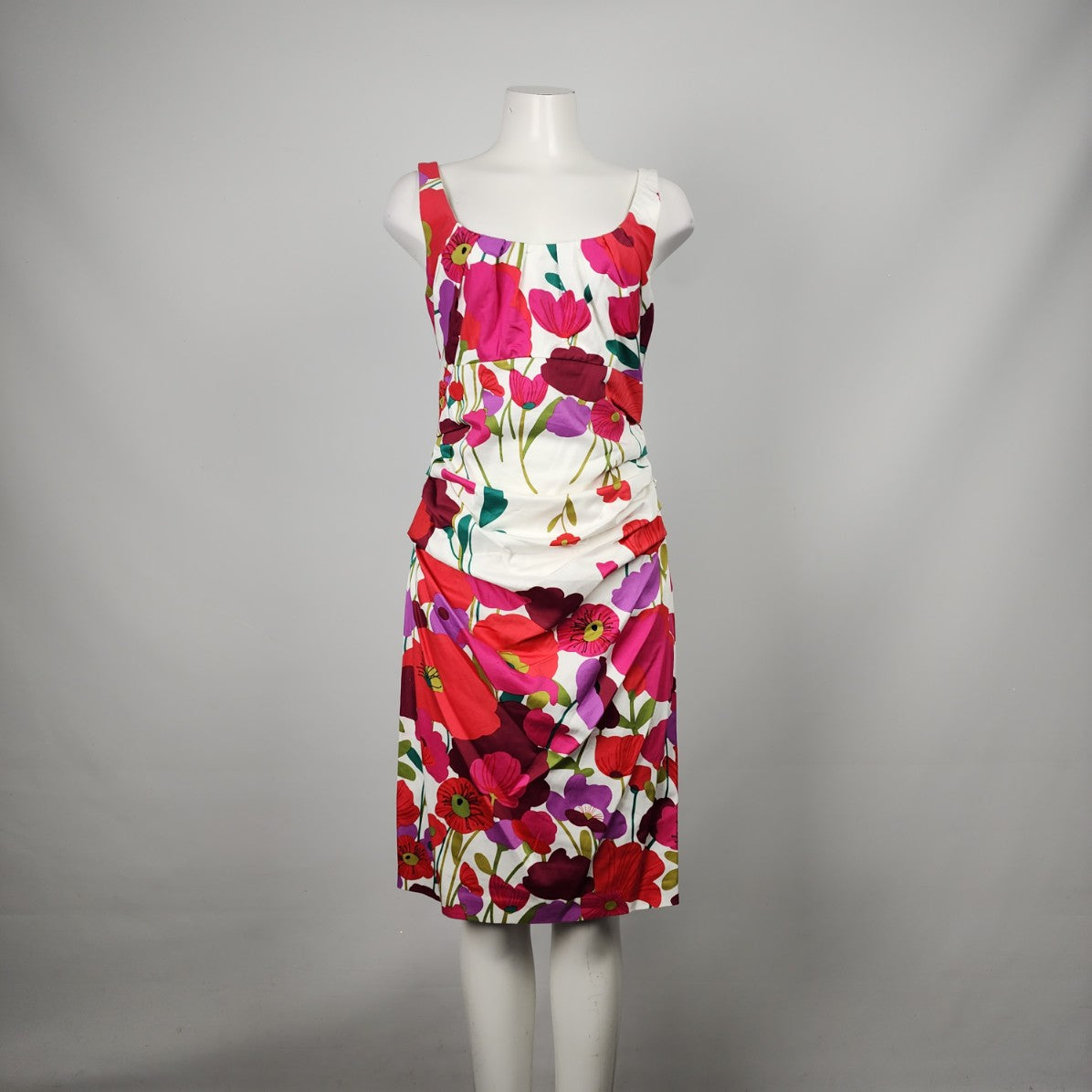 Suzi Chin White & Pink Floral Ruched Dress Size 10