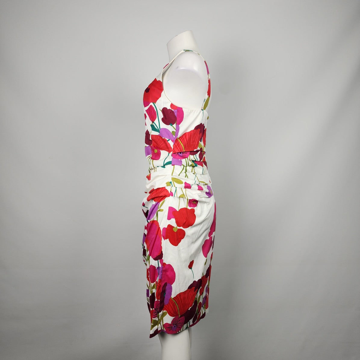 Suzi Chin White & Pink Floral Ruched Dress Size 10