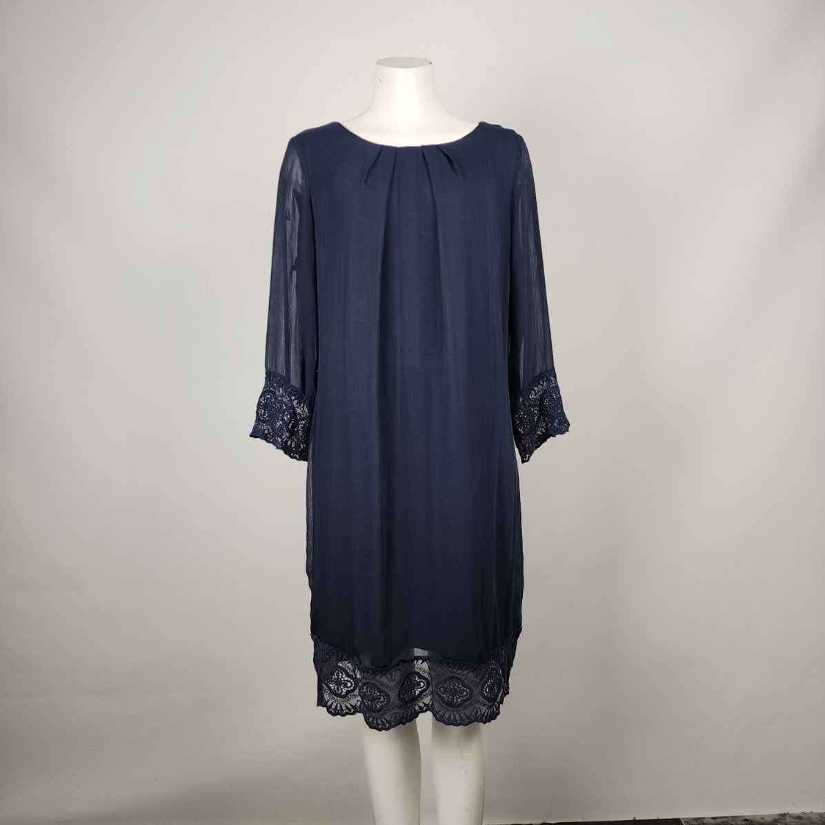 Gallery Navy Blue Lace Trimmed Midi Dress Size 16