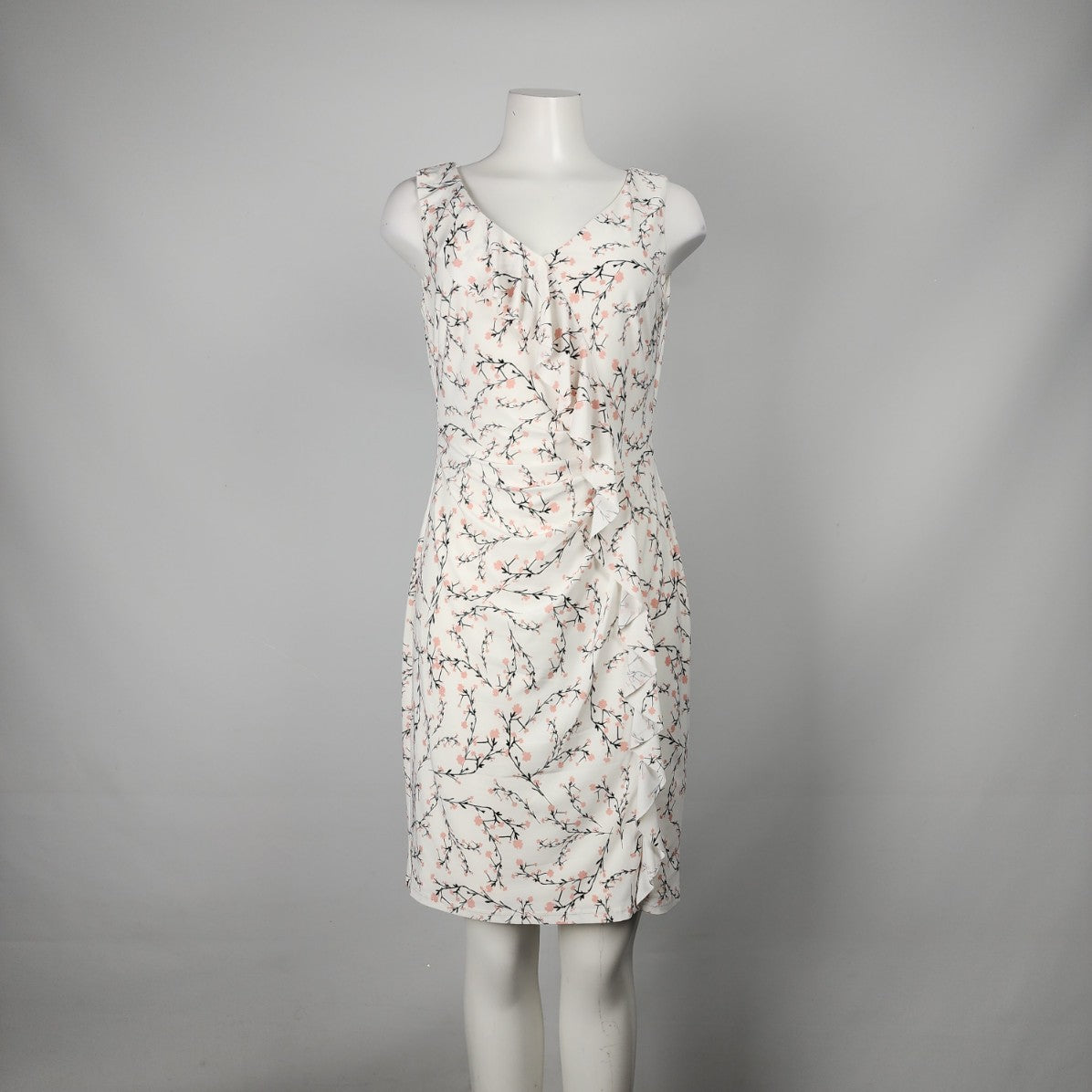 Chaps White & Pink Delicate Floral Ruffle Sheath Dress Size M