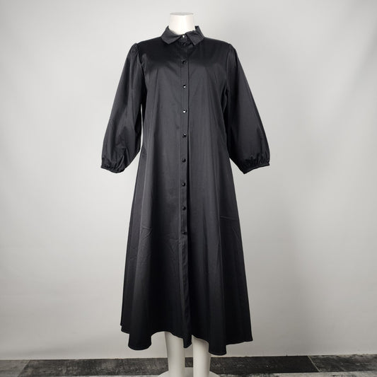 Black Cotton Button Up Long Sleeve Fit & Flare Dress Size L