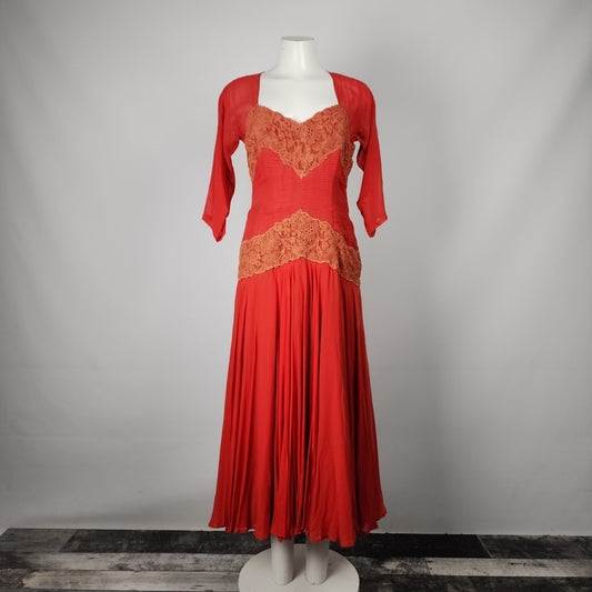 Vintage Coral Lace Detail Fit & Flare Midi Dress Size M