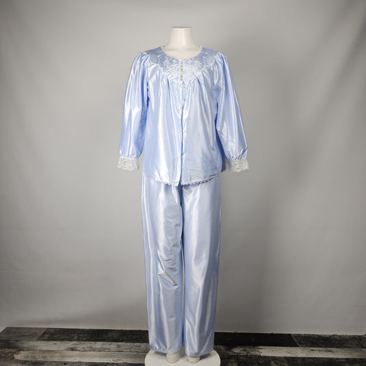 Vintage Intimate Details Blue Pajama Set Lace Embroidered Size M