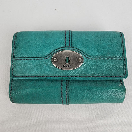 Fossil Green Leather Tri Fold Mini Wallet