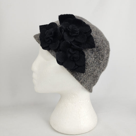 Grey & Black Floral Detail Cloche Felt Wool Hat