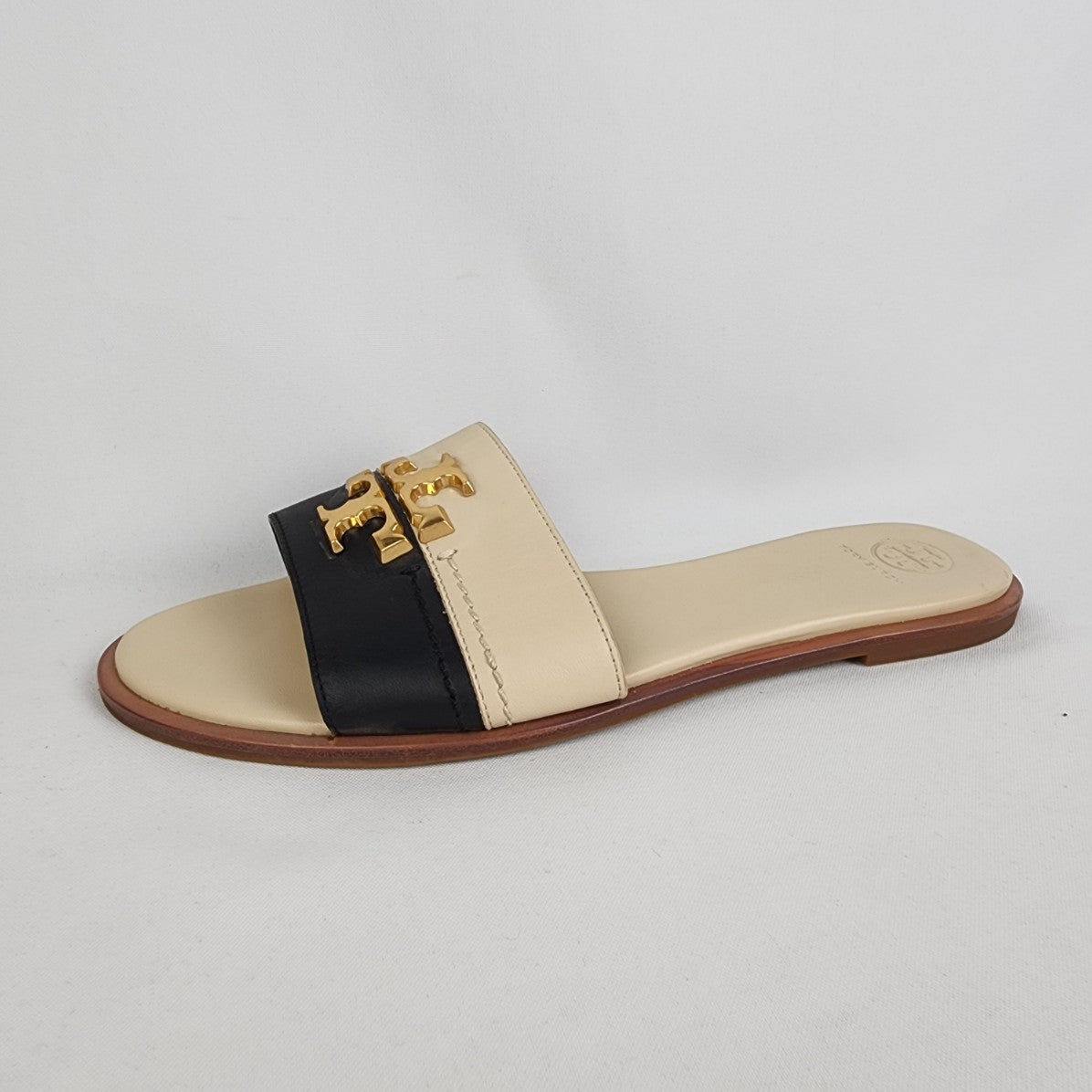 Tory Burch Eleanor Black & Cream Leather Slide Sandals Size 10.5