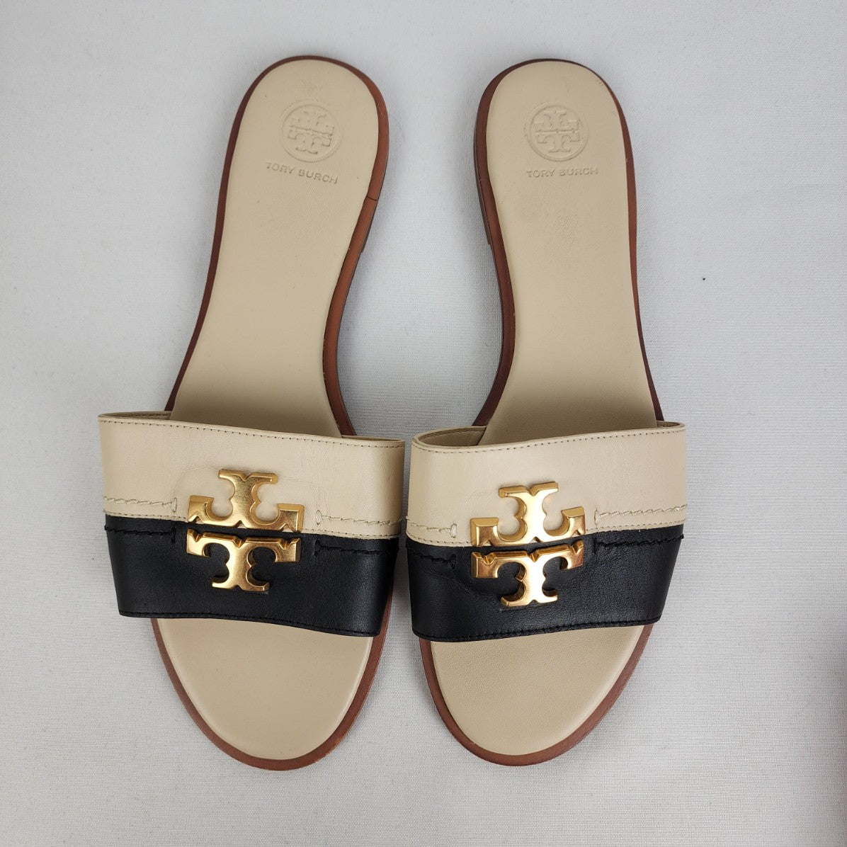 Tory Burch Eleanor Black & Cream Leather Slide Sandals Size 10.5