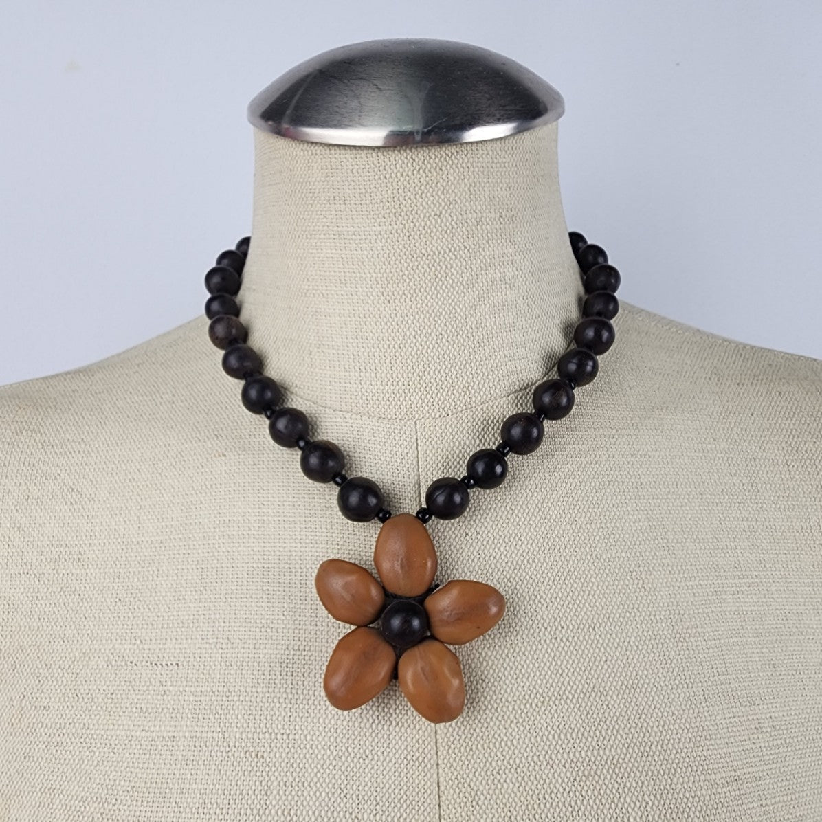 Vintage Wood Beaded Flower Necklace